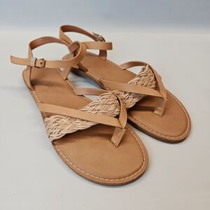 Toms Lexi Sandals Honey Tan Woven Leather Ankle Straps Flats Adjustable Womens